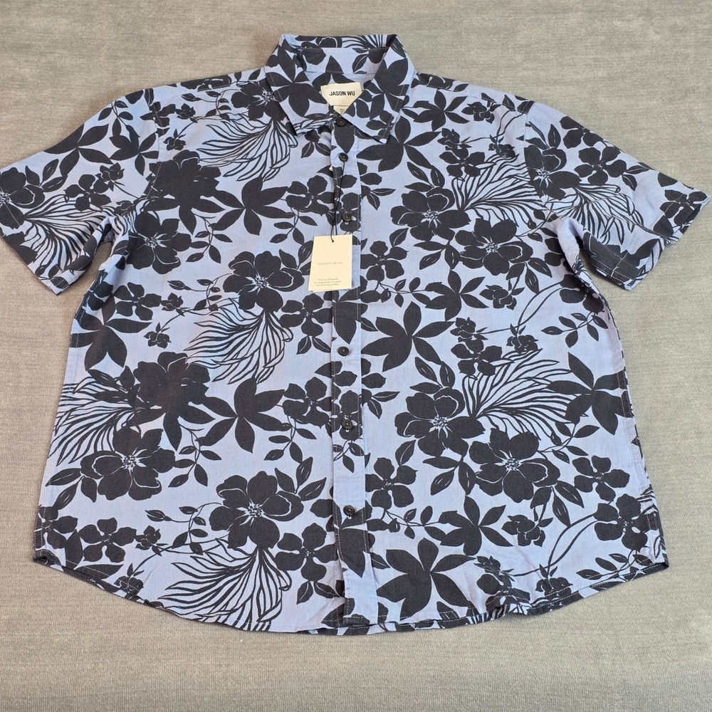 Jason Wu Mens Floral Print Linen Blend Short Sleeve Button Down Shirt Blue L New